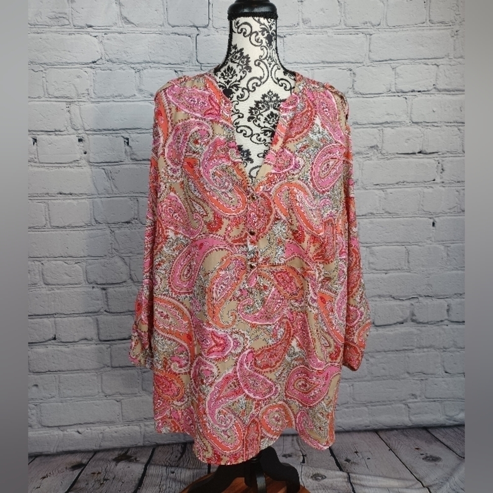 Charter Club women's long tab sleeve paisley print top NWT sz 3x pocket b11